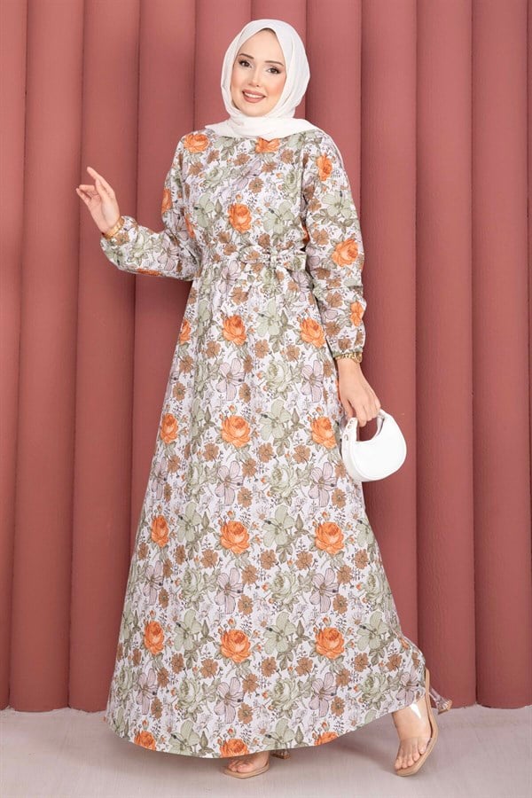 Floral Patterned Belted Dress, Green