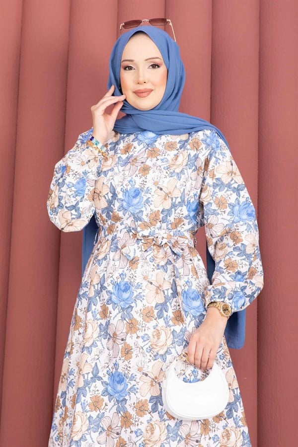 Floral Patterned Belted Dress in Indigo