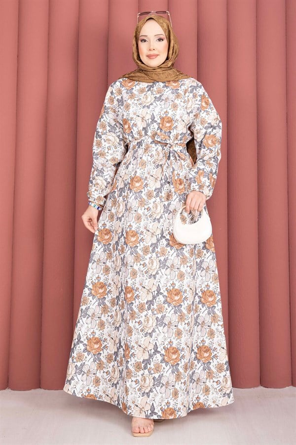 Floral Patterned Belted Dress in Brown