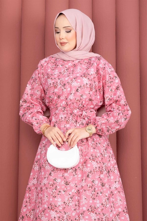 Floral Patterned Belted Dress with Gathered Waist -10