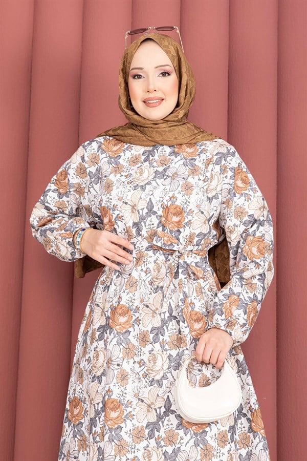 Floral Patterned Belted Dress in Brown
