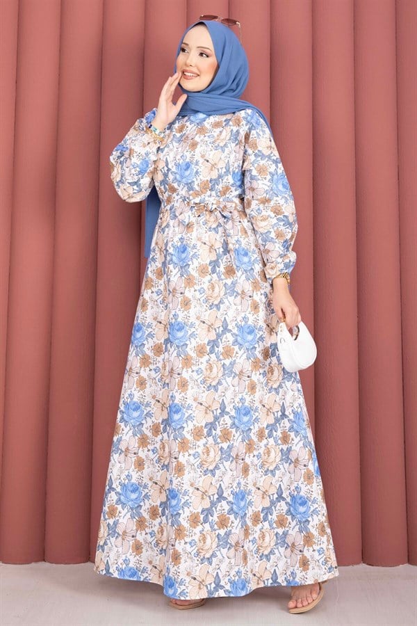 Floral Patterned Belted Dress in Indigo