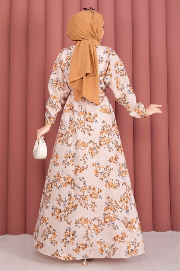 Floral Patterned Belted Dress, Beige