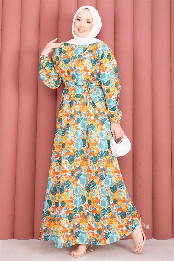 Floral Patterned Belted Dress with Gathered Waist, Mint