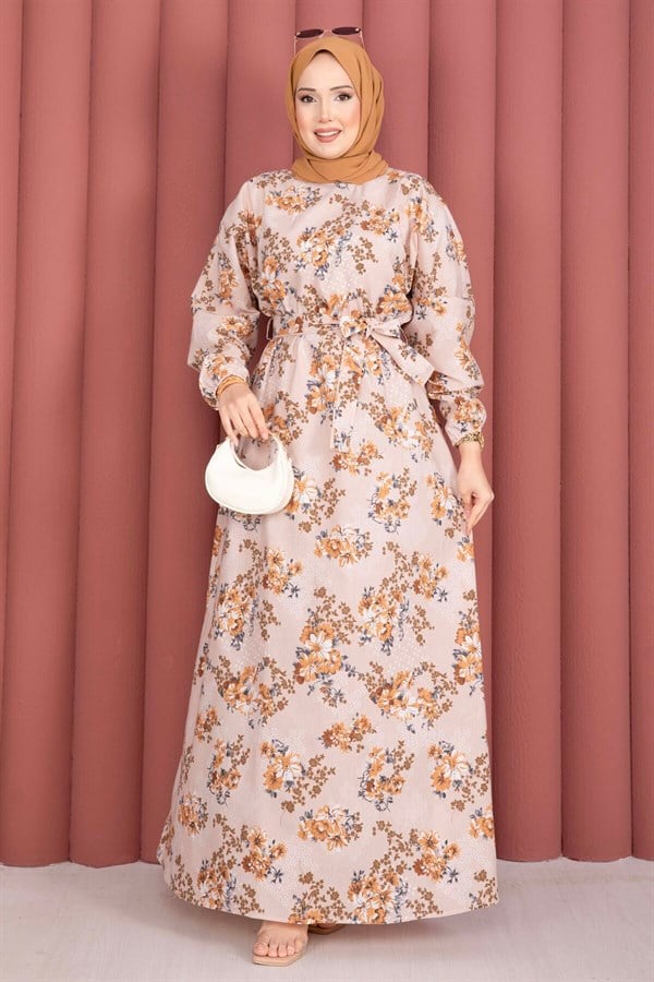 Floral Patterned Belted Dress, Beige