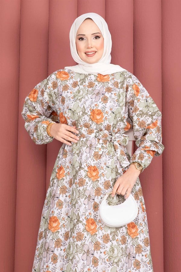 Floral Patterned Belted Dress, Green
