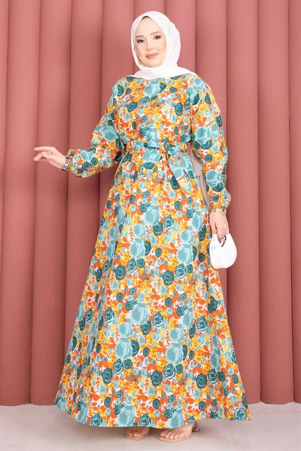 Floral Patterned Belted Dress with Gathered Waist, Mint