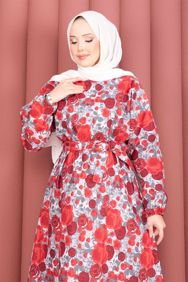 Floral Patterned Belted Dress, Red