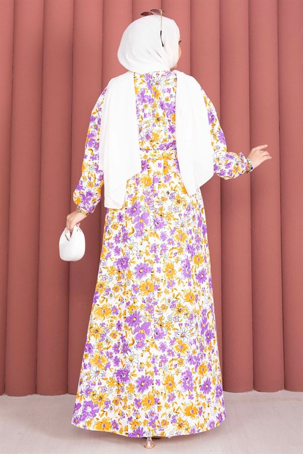 Floral Patterned Belted Dress in Plum