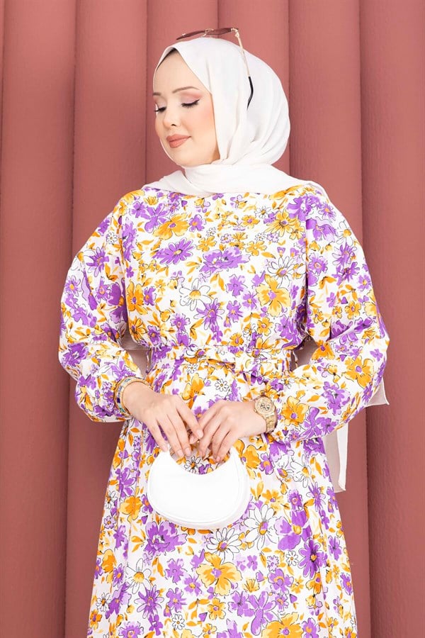 Floral Patterned Belted Dress in Plum