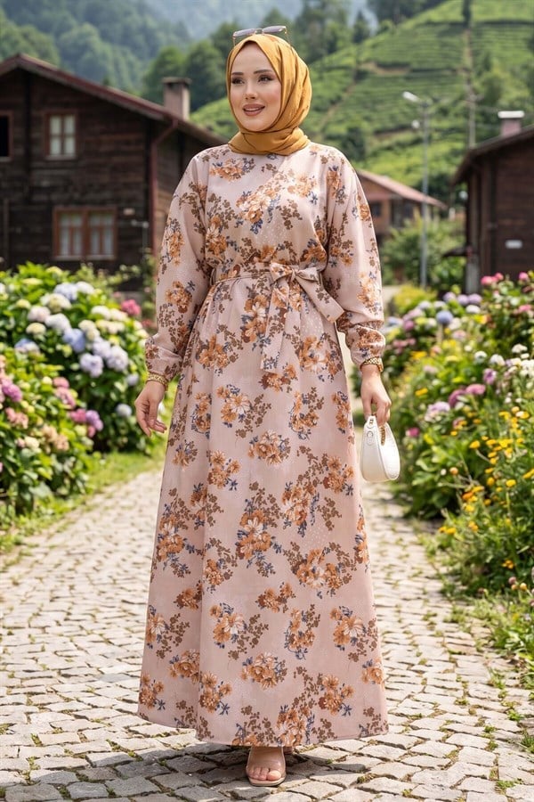 Floral Patterned Belted Dress, Beige