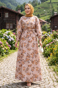 Floral Patterned Belted Dress, Beige