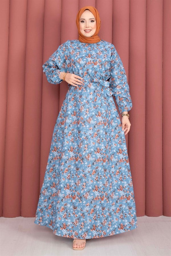 Floral Patterned Belted Dress with Gathered Waist -11