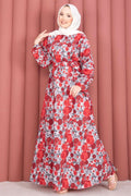 Floral Patterned Belted Dress, Red