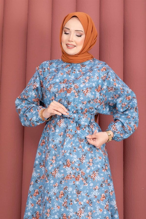Floral Patterned Belted Dress with Gathered Waist -11