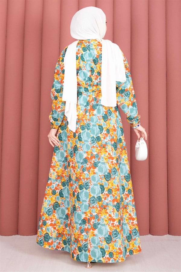 Floral Patterned Belted Dress with Gathered Waist, Mint
