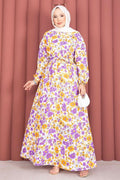 Floral Patterned Belted Dress in Plum
