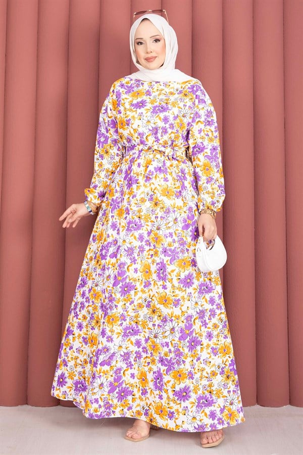 Floral Patterned Belted Dress in Plum