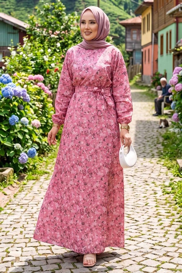 Floral Patterned Belted Dress with Gathered Waist -10