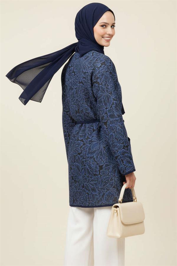 Floral Patterned Pocket Jacket Navy Blue
