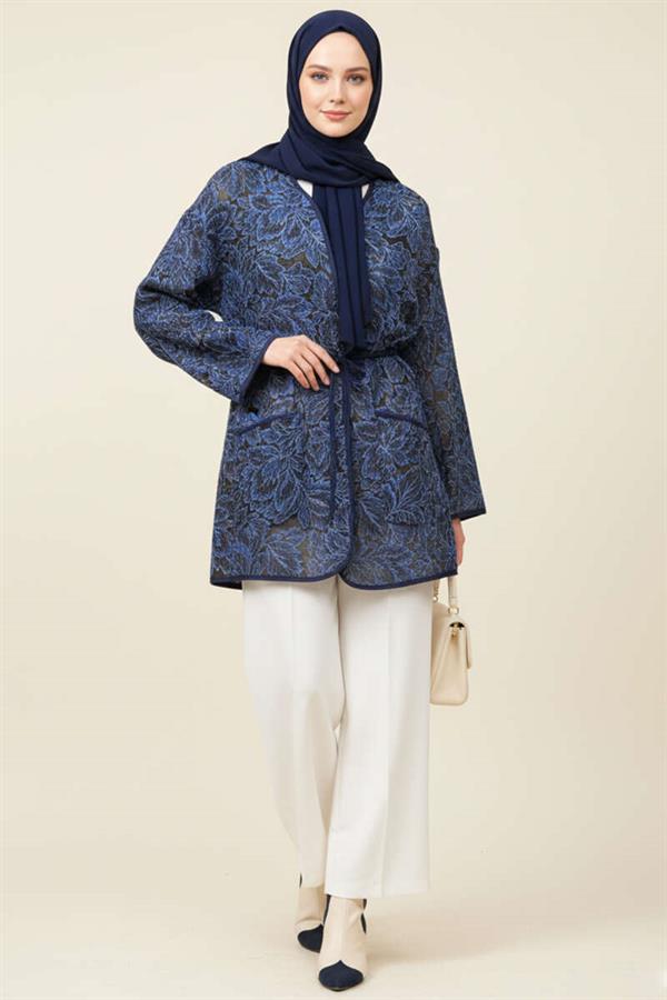 Floral Patterned Pocket Jacket Navy Blue