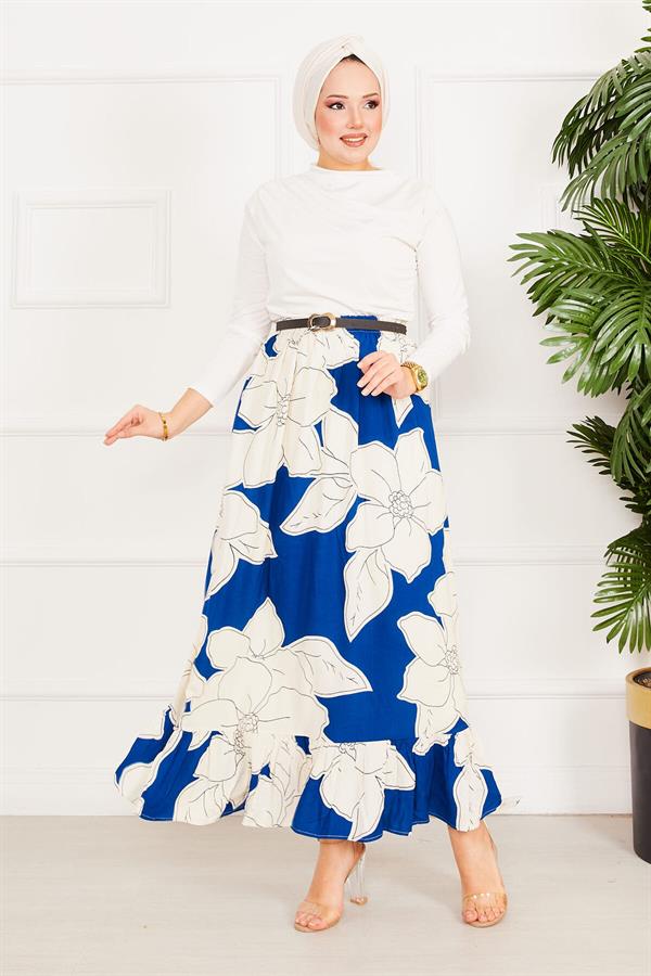Floral Patterned Skirt Indigo