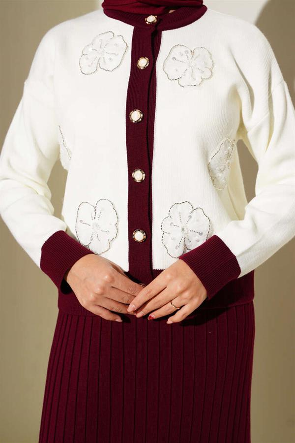 Floral Patterned Skirted Knitwear 2 Piece Set Burgundy