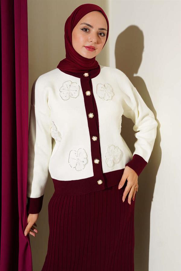 Floral Patterned Skirted Knitwear 2 Piece Set Burgundy