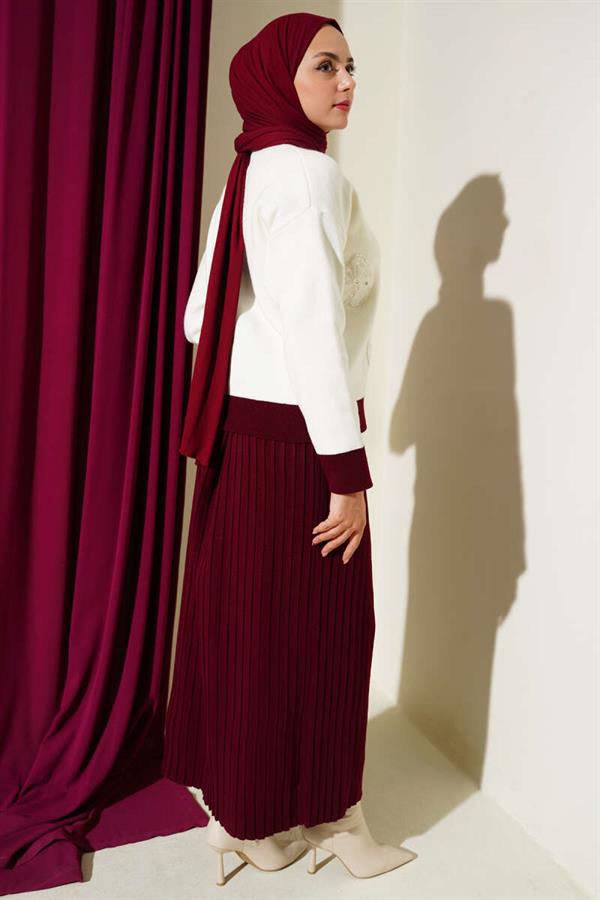 Floral Patterned Skirted Knitwear 2 Piece Set Burgundy