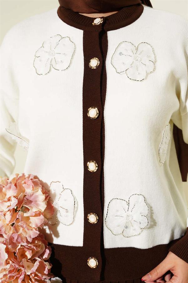 Floral Patterned Skirted Knitwear 2 Piece Set Brown