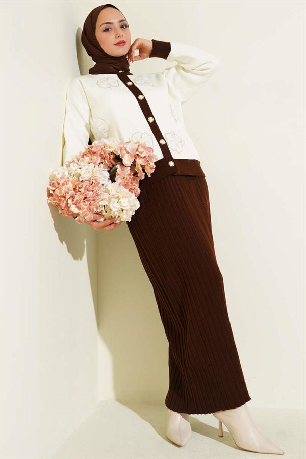Floral Patterned Skirted Knitwear 2 Piece Set Brown