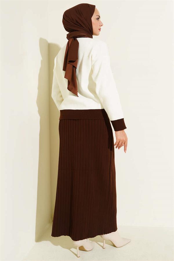 Floral Patterned Skirted Knitwear 2 Piece Set Brown