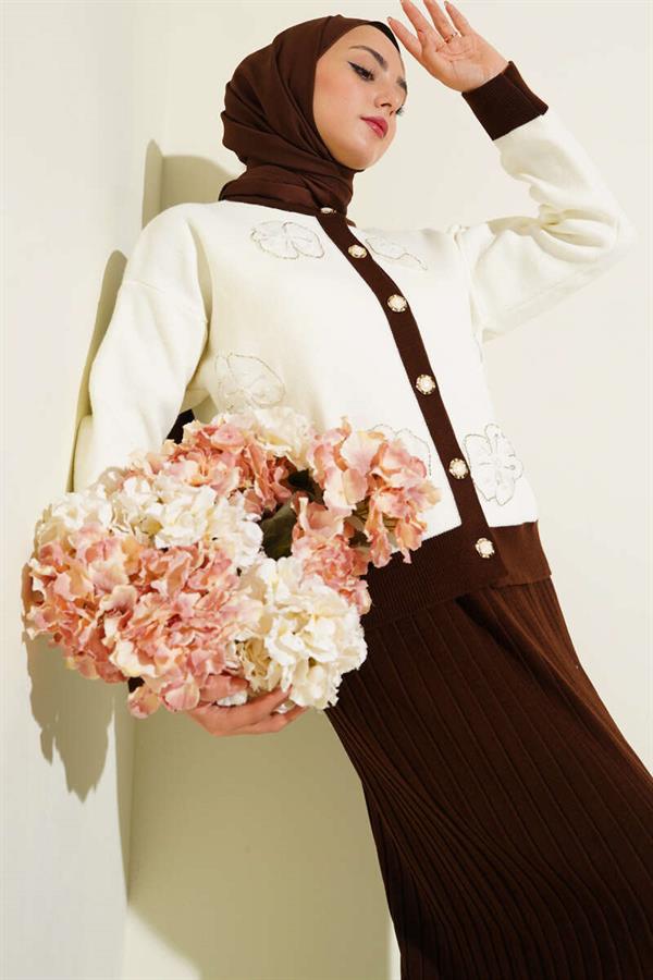 Floral Patterned Skirted Knitwear 2 Piece Set Brown