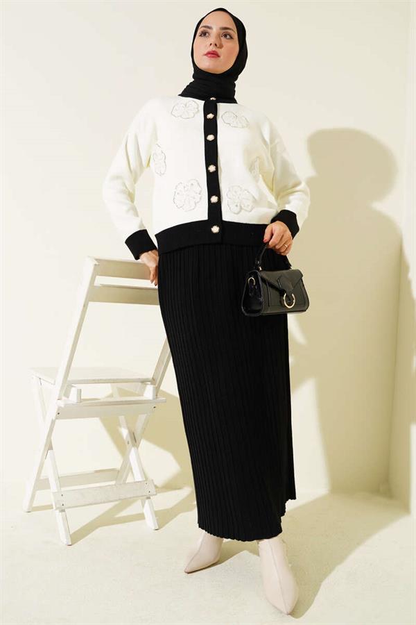 Floral Patterned Skirted Knitwear 2 Piece Set Black