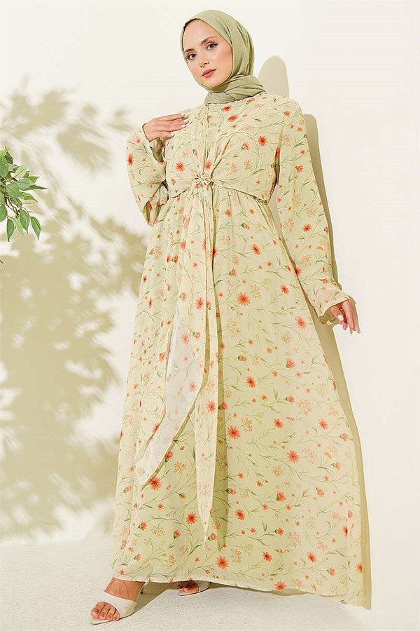 Floral Patterned Dress with Gold Buckle, Pistachio Green
