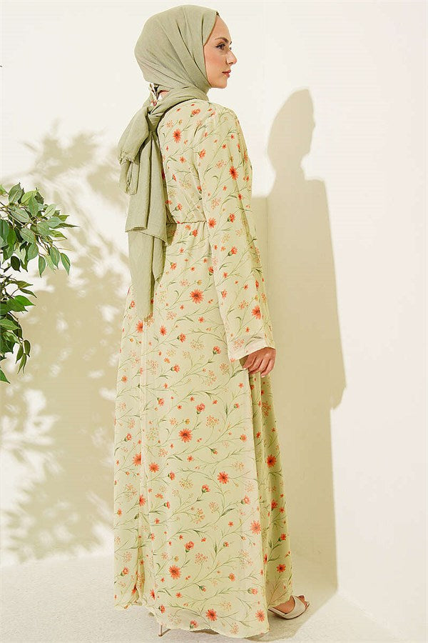 Floral Patterned Dress with Gold Buckle, Pistachio Green