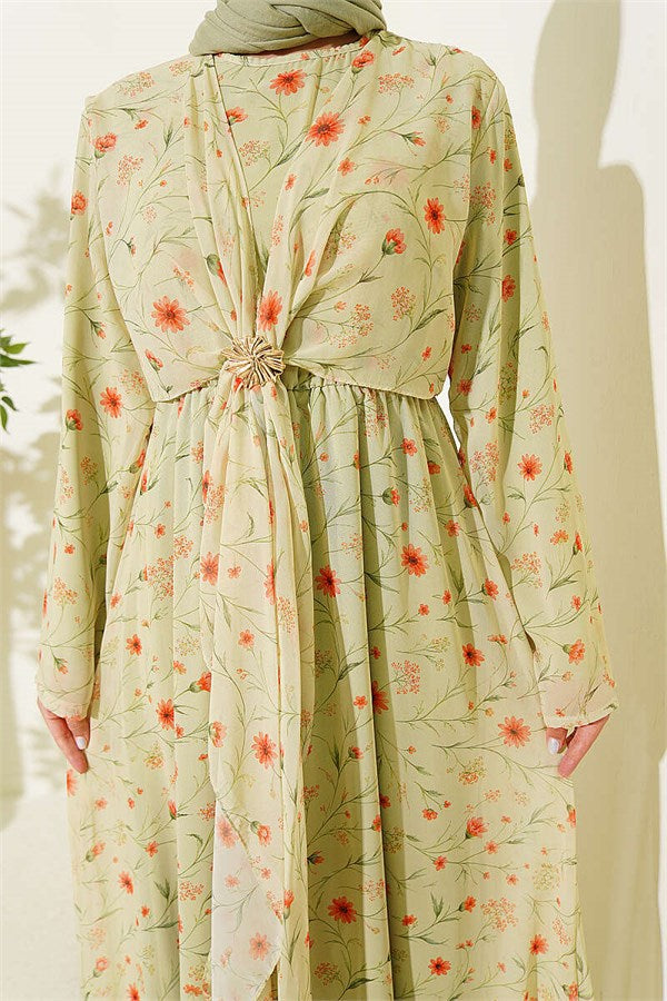 Floral Patterned Dress with Gold Buckle, Pistachio Green