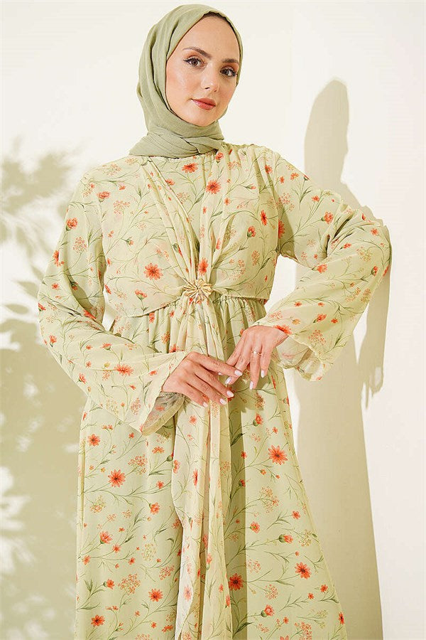 Floral Patterned Dress with Gold Buckle, Pistachio Green