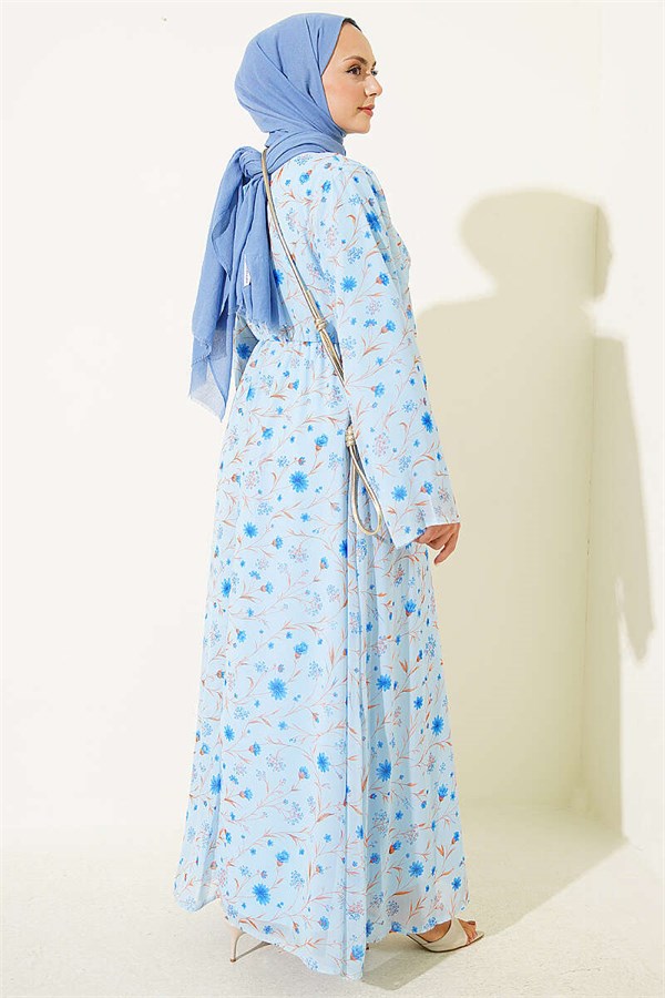 Floral Patterned Dress with Gold Buckle, Blue