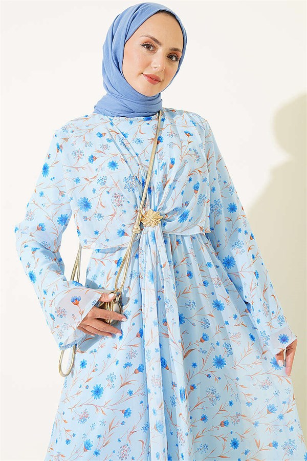Floral Patterned Dress with Gold Buckle, Blue