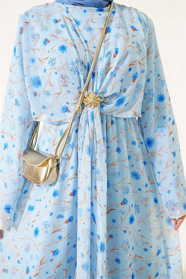 Floral Patterned Dress with Gold Buckle, Blue