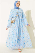 Floral Patterned Dress with Gold Buckle, Blue