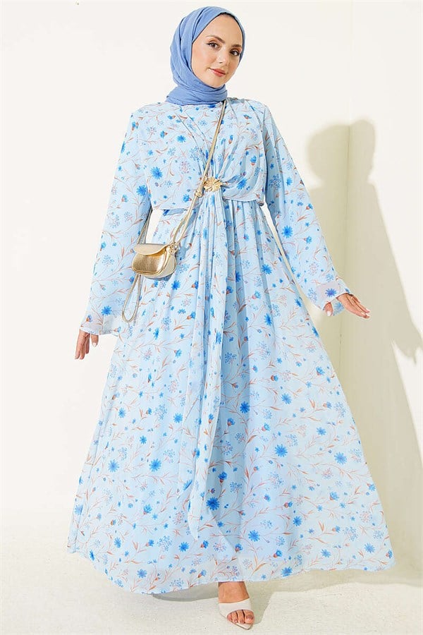 Floral Patterned Dress with Gold Buckle, Blue