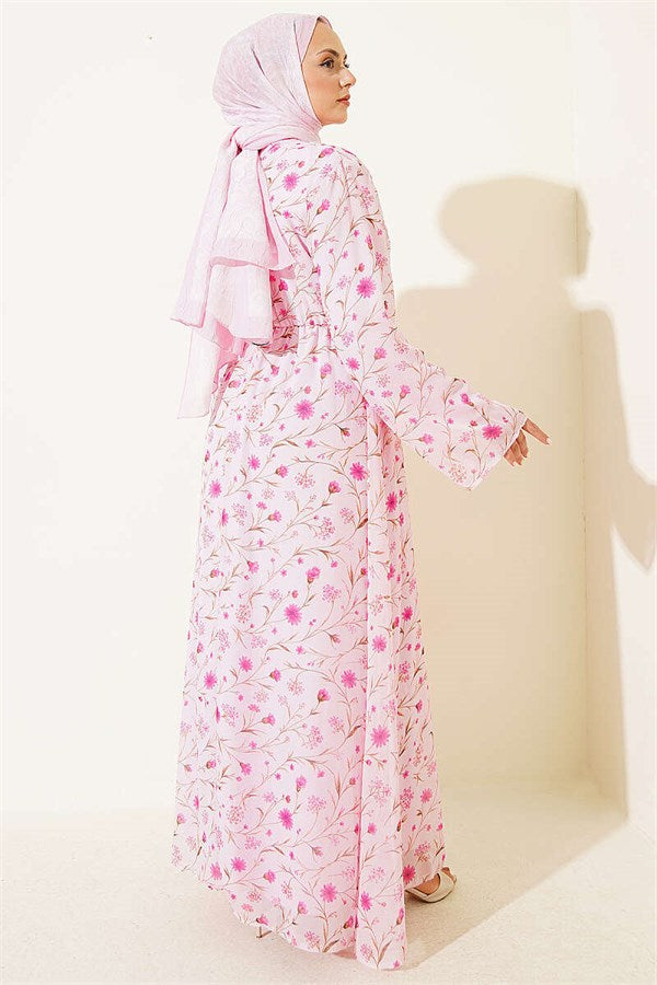 Pink Floral Patterned Dress with Gold Buckle