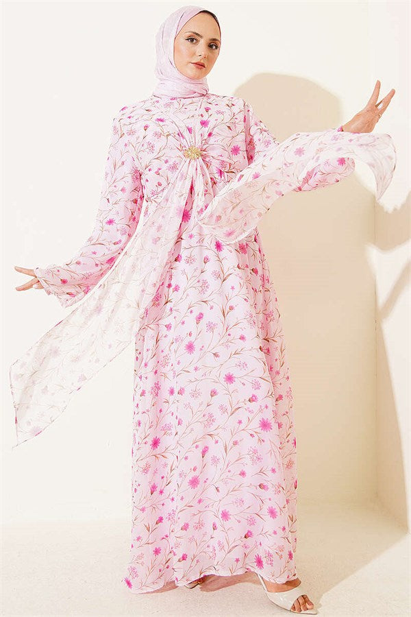 Pink Floral Patterned Dress with Gold Buckle