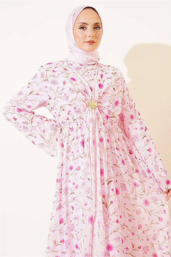 Pink Floral Patterned Dress with Gold Buckle