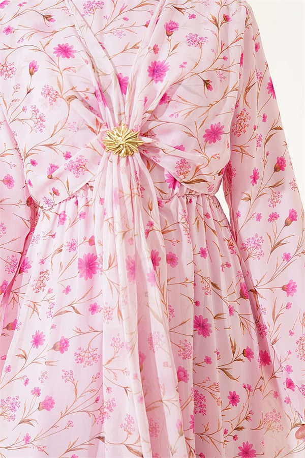 Pink Floral Patterned Dress with Gold Buckle