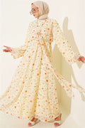 Yellow Dress with Floral Pattern and Gold Buckle