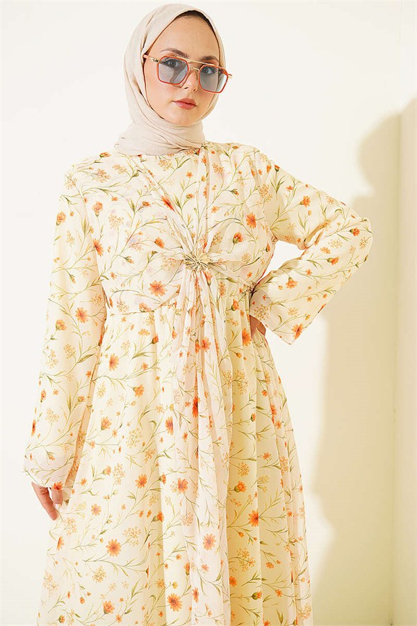 Yellow Dress with Floral Pattern and Gold Buckle