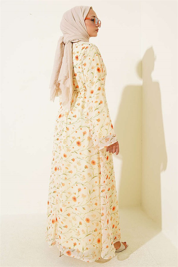 Yellow Dress with Floral Pattern and Gold Buckle